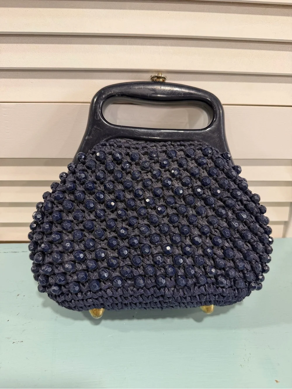 Vintage Navy Beaded Handle Evening Bag